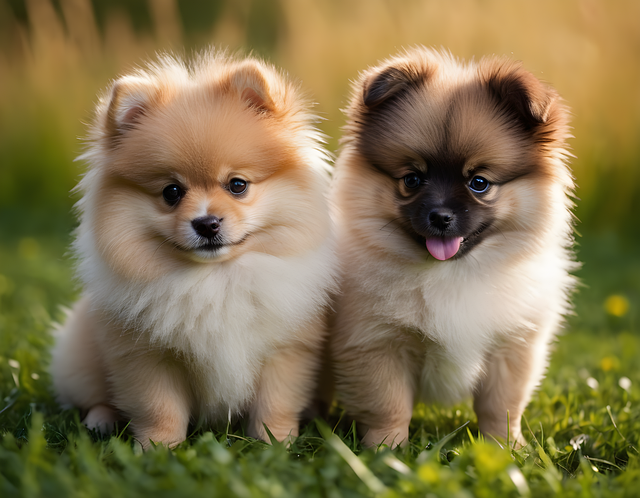 2 filhotes de Spitz alemão sentados na grama