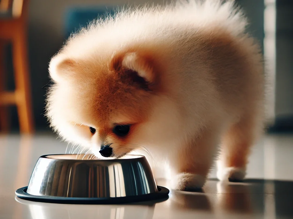 Spitz Alemão e sua tigela de alimentação caseira