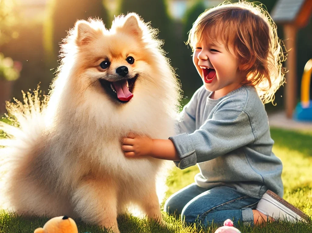 criança e Spitz Alemão brincando tranquilamente