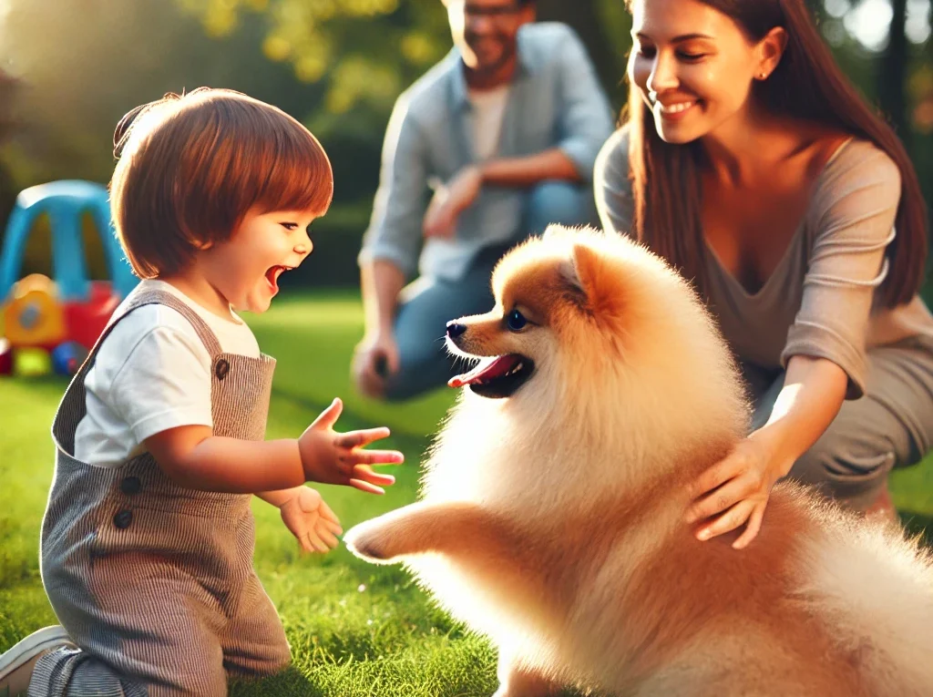 Spitz Alemão socializando com criança no parque