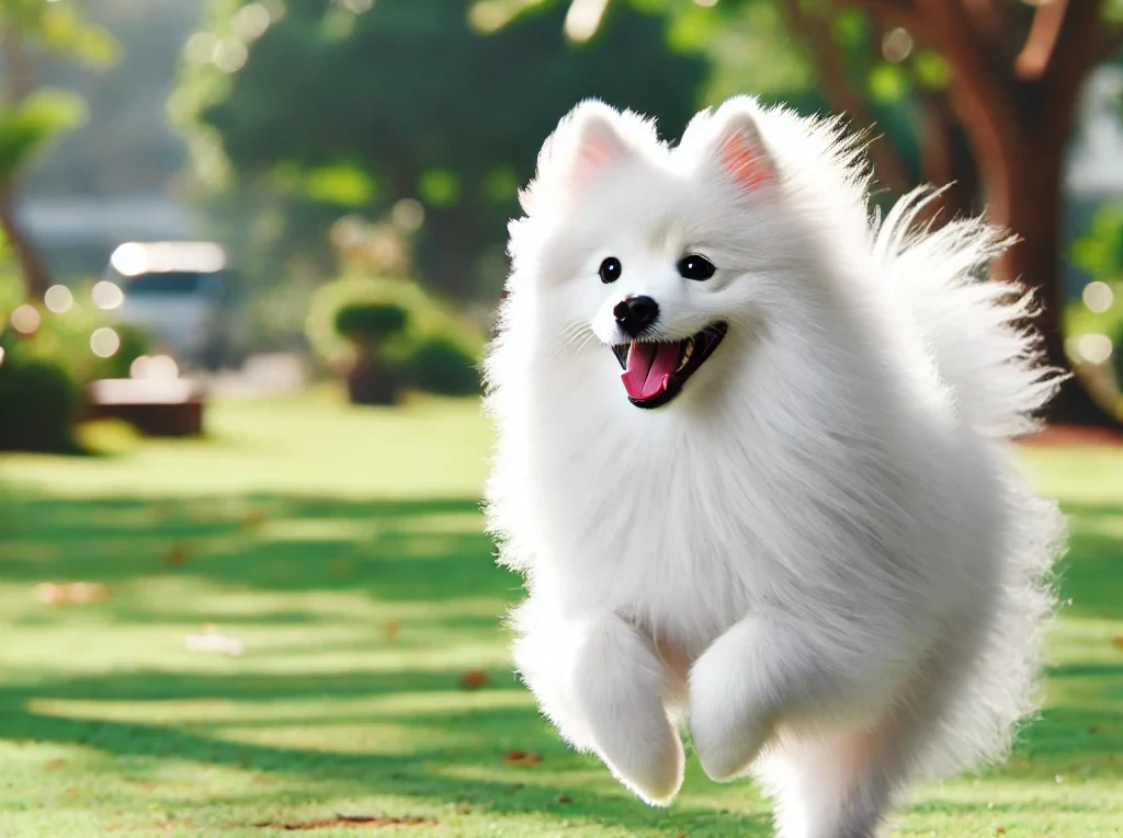 Spitz Alemão branco correndo feliz e saudável em um parque