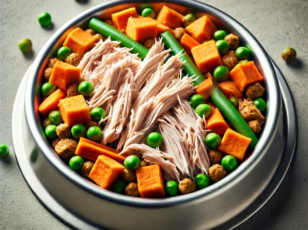 Uma tigela com alimentação caseira para Spitz Alemão. Refeição com frango e legumes