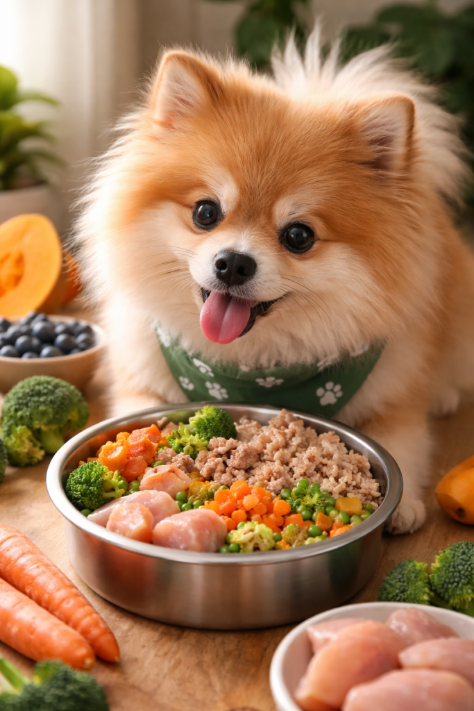 Spitz Alemão com sua tigela de alimentação natural na sua frente