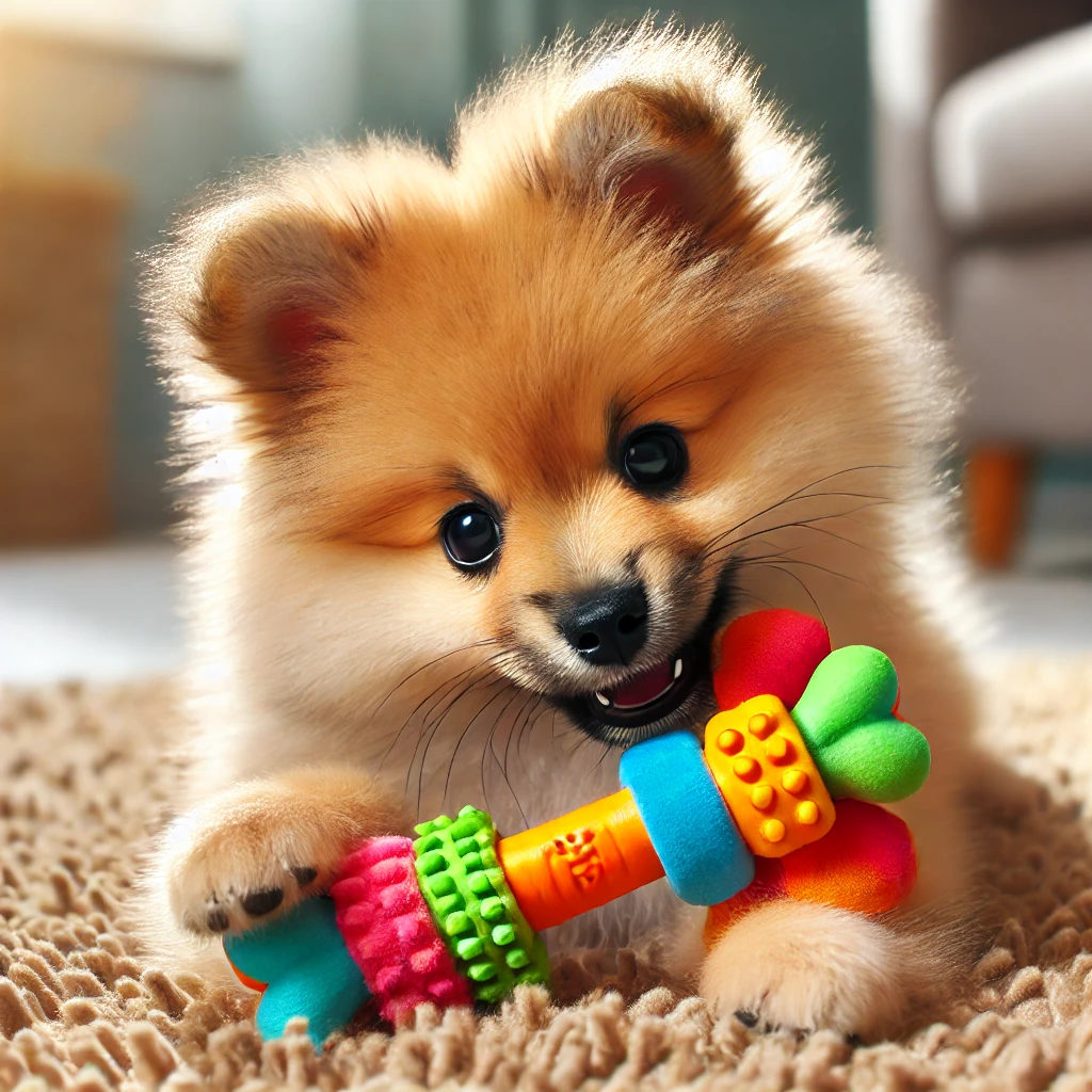 Filhote de Spitz Alemão e seu brinquedo mordedor