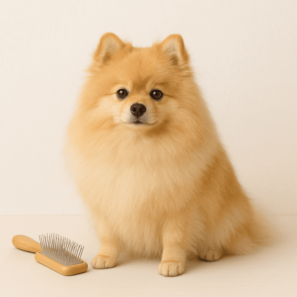 Spitz Alemão sentado ao lado de uma escova de pelos