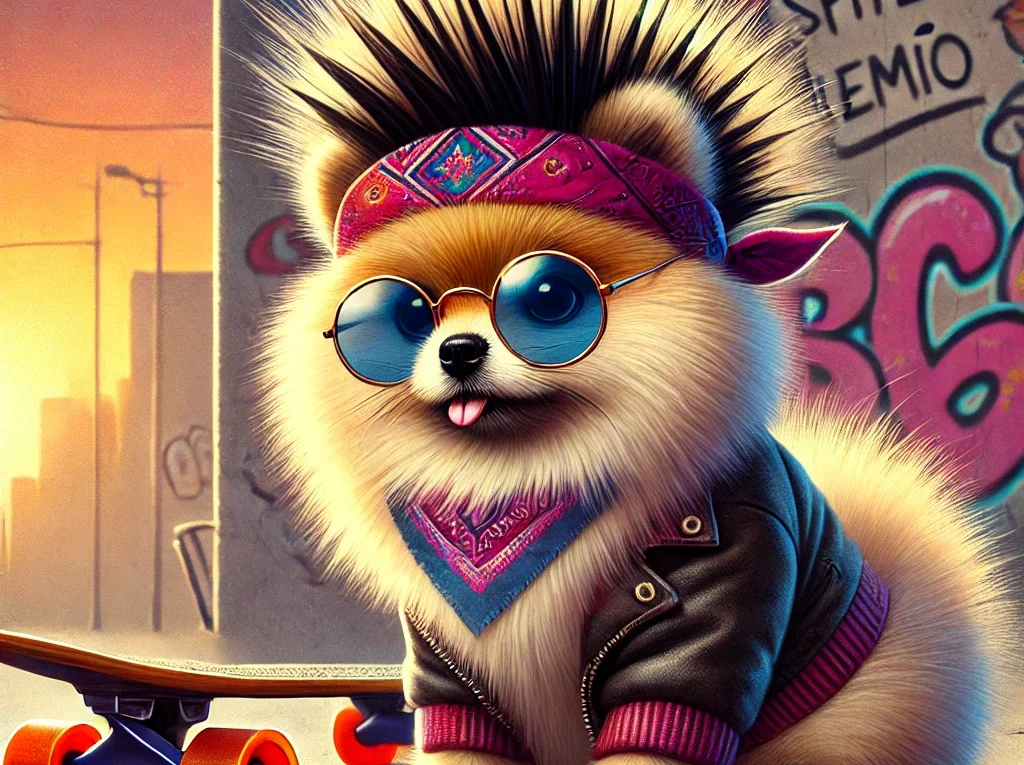 Spitz Alemão adolescente rebelde usando óculos escuros, cabelos arrepiados, jaqueta de couro com um skate ao lado.