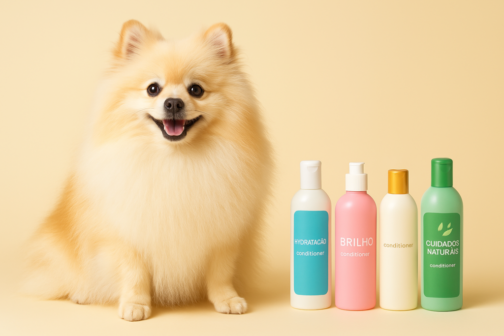 Spitz Alemão ao lado de vários frascos de condicionador