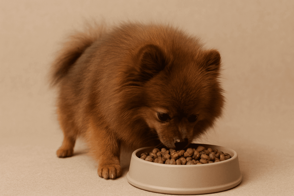 Spitz Alemão marrom comendo sua ração na tigela