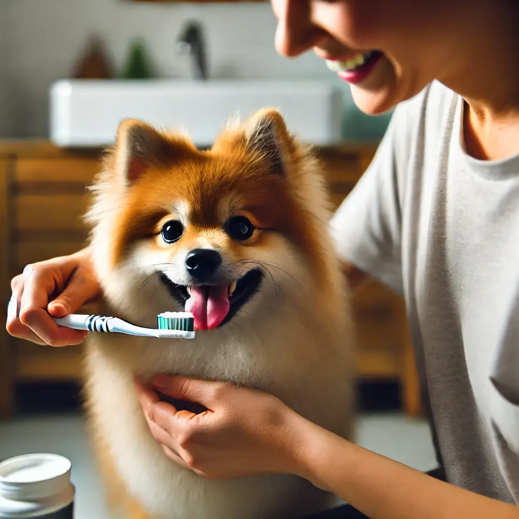 Escovando os dentes do Spitz alemão