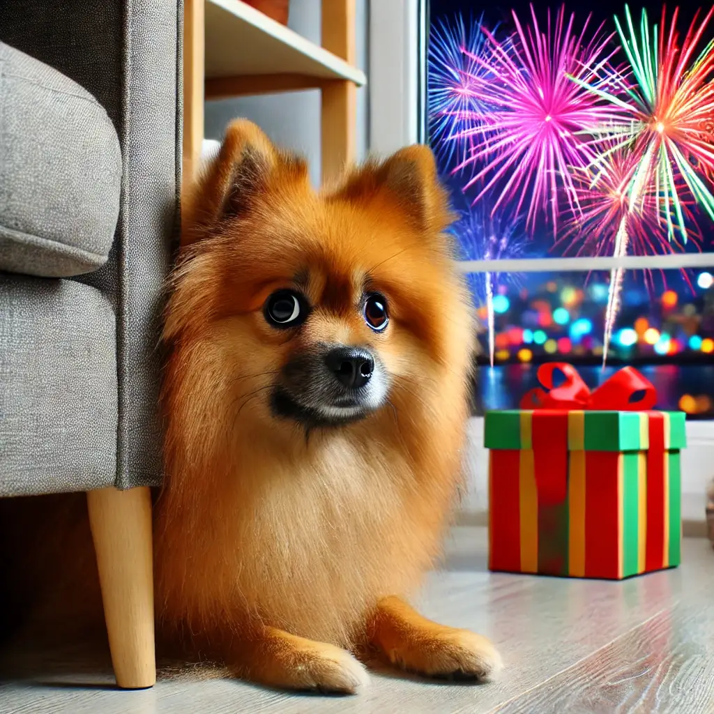 Spitz Alemão escondido debaixo do sofá e fogos de artifício estourando na janela