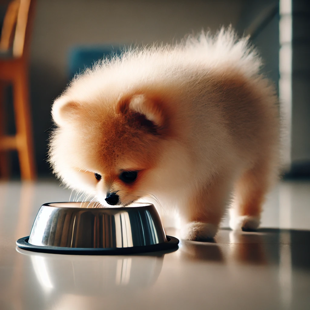 Spitz Alemão e sua tigela de alimentação caseira