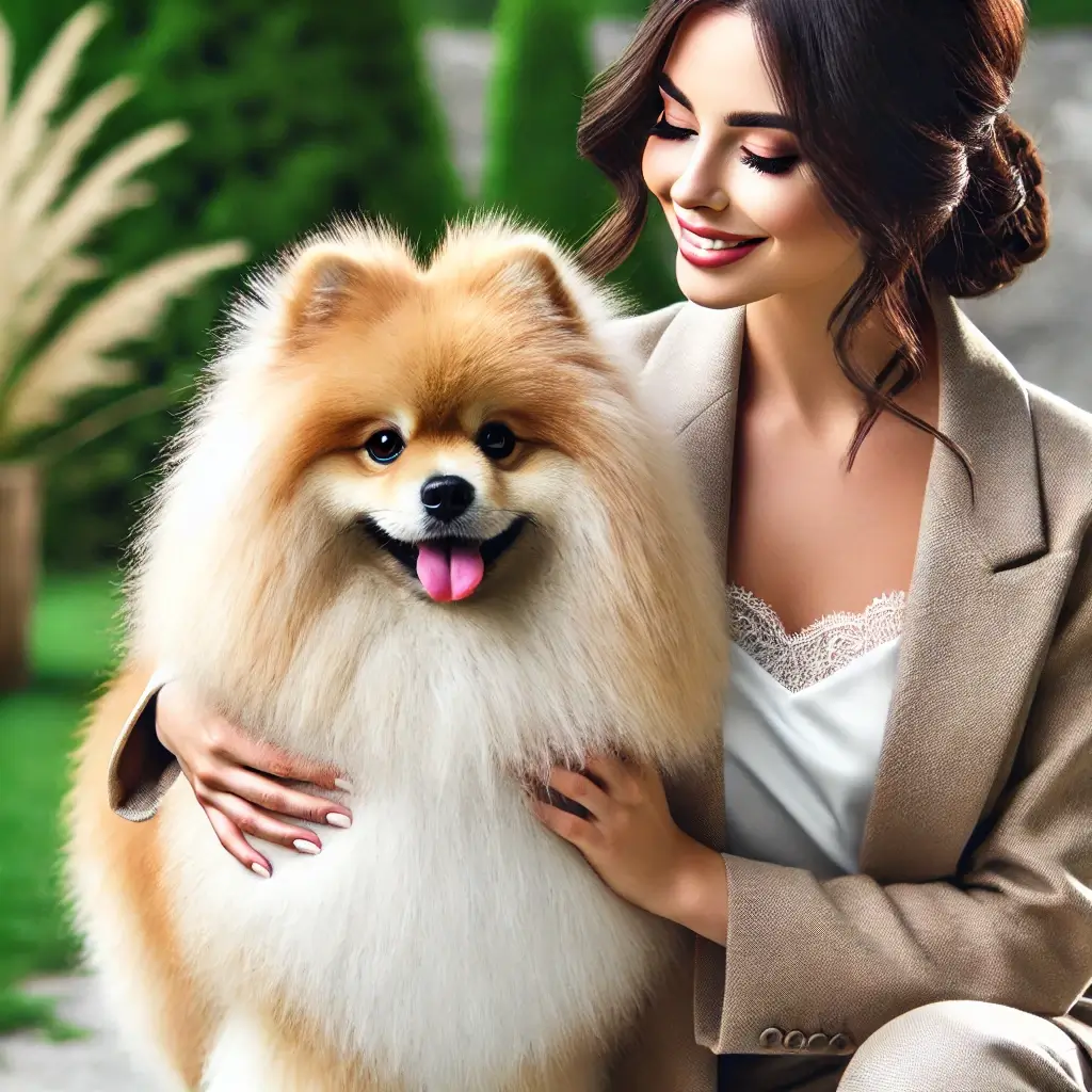Spitz Alemão com seu pelo bem cuidado por produtos específicos ao lado de sua dona
