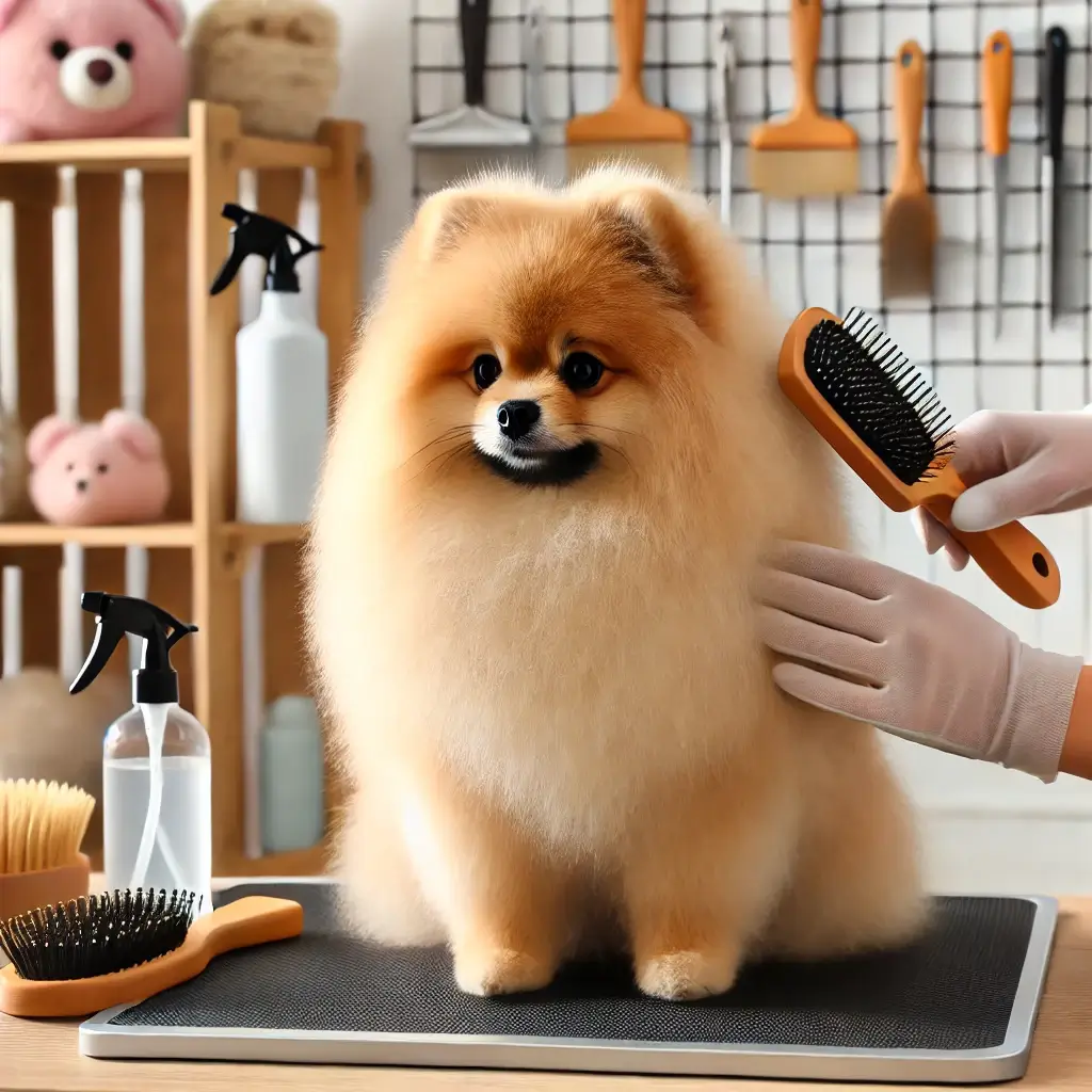 Spitz Alemão sendo escovado por seu dono
