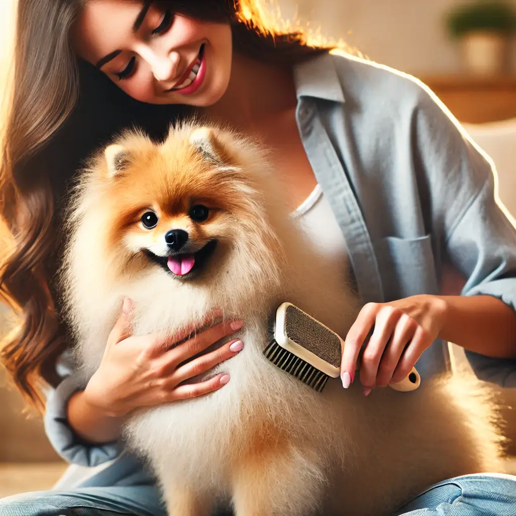 Spitz Alemão sendo escovado por sua dona
