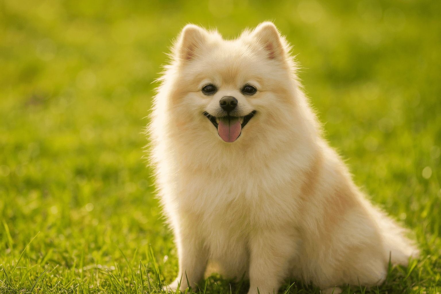 Imagem de um Spitz Alemão sentado na grama: Cuidados com o Spitz no verão