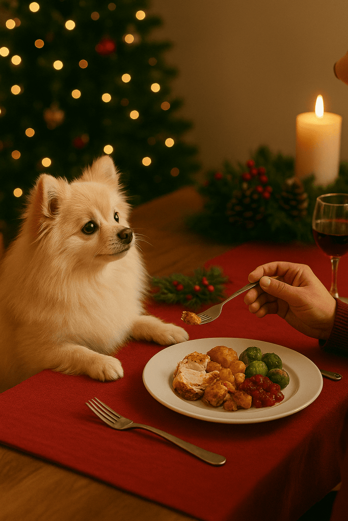 spitz pedindo comida a um convidado que está sentado em uma mesa durante a ceia de natal