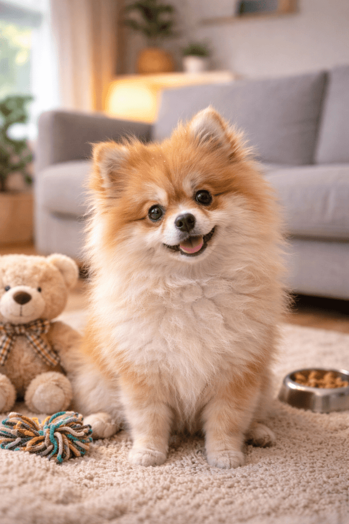 Filhote de spitz alemão sentado no sentro da sala com seus brinquedos e tigela de comida ao redor