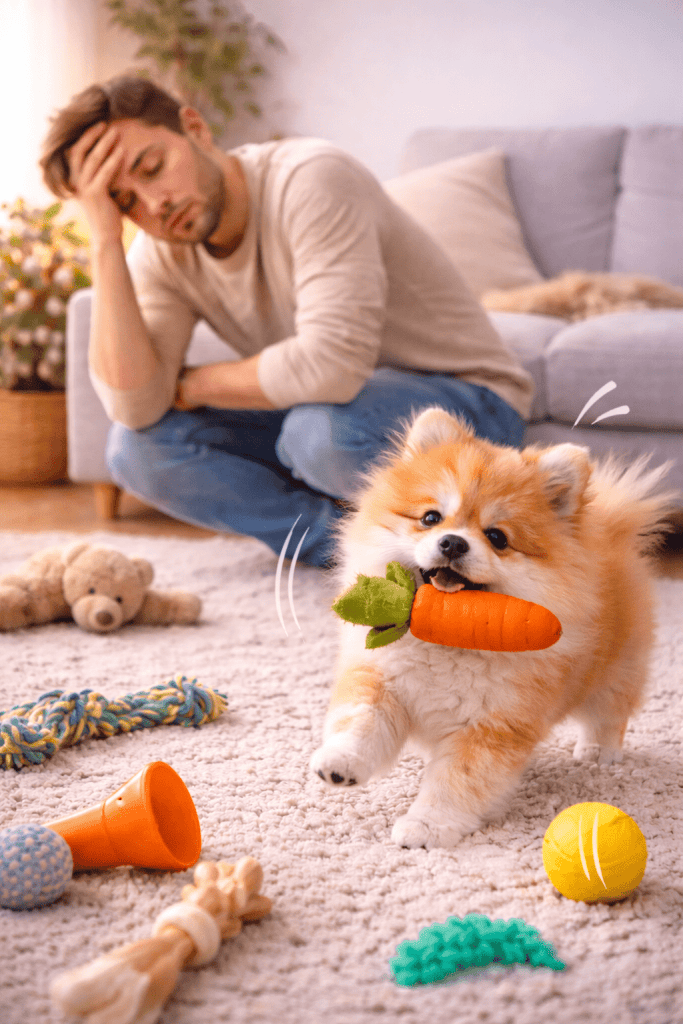 Filhote de spitz alemão com energia em excesso e seu dono cansado