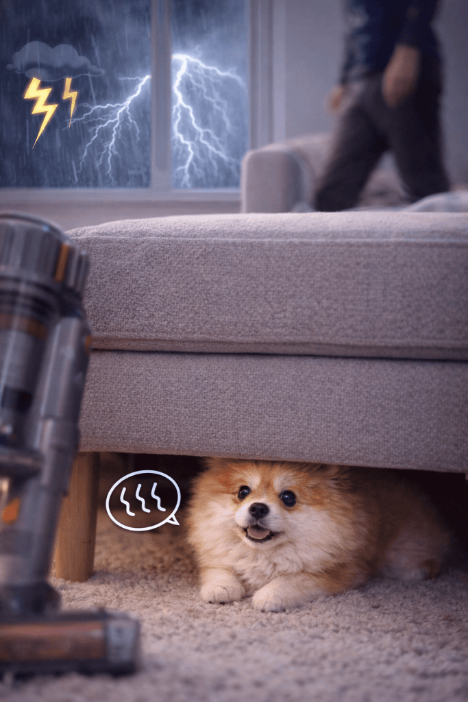 Filhote de spitz alemão se escondendo debaixo do sofá por medo