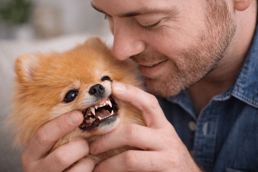 Dono de spitz alemão examinando os seus dentes