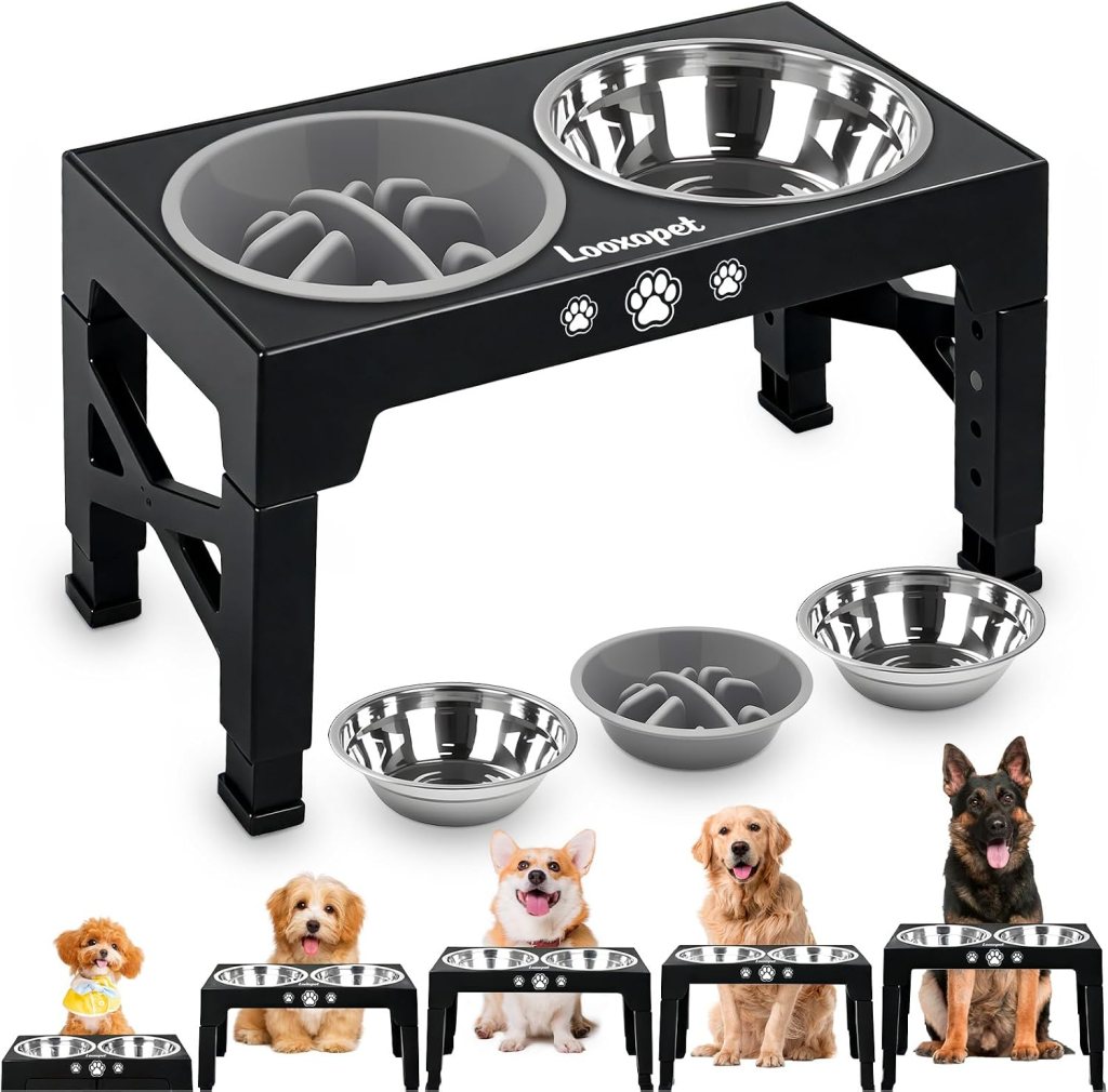 Comedouro para cães com suporte ajustável e tijelas de inox